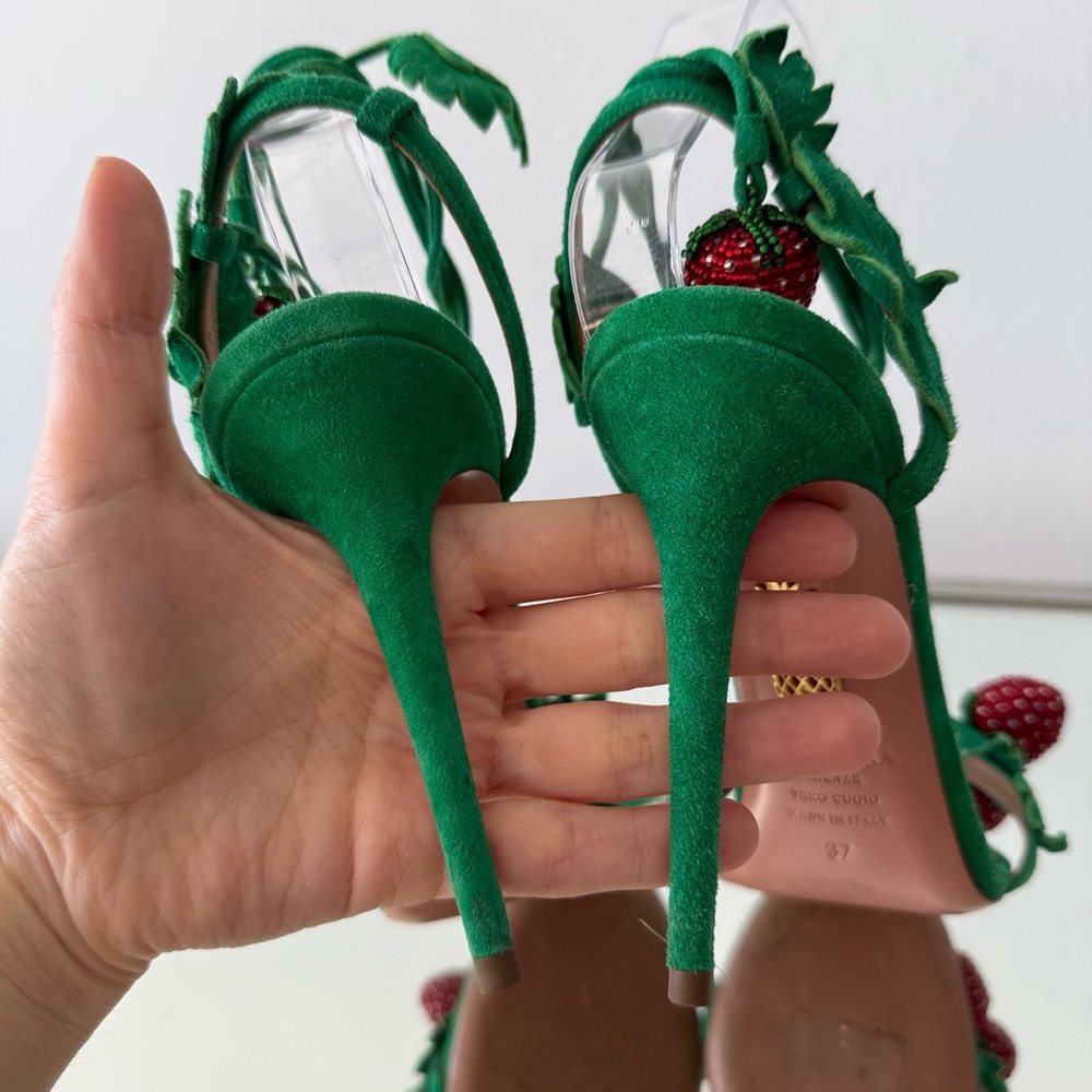 EUC Aquazzura Green Fragolina 105 Embellished Suede Sandals 37 $1,295 - Picture 15 of 17